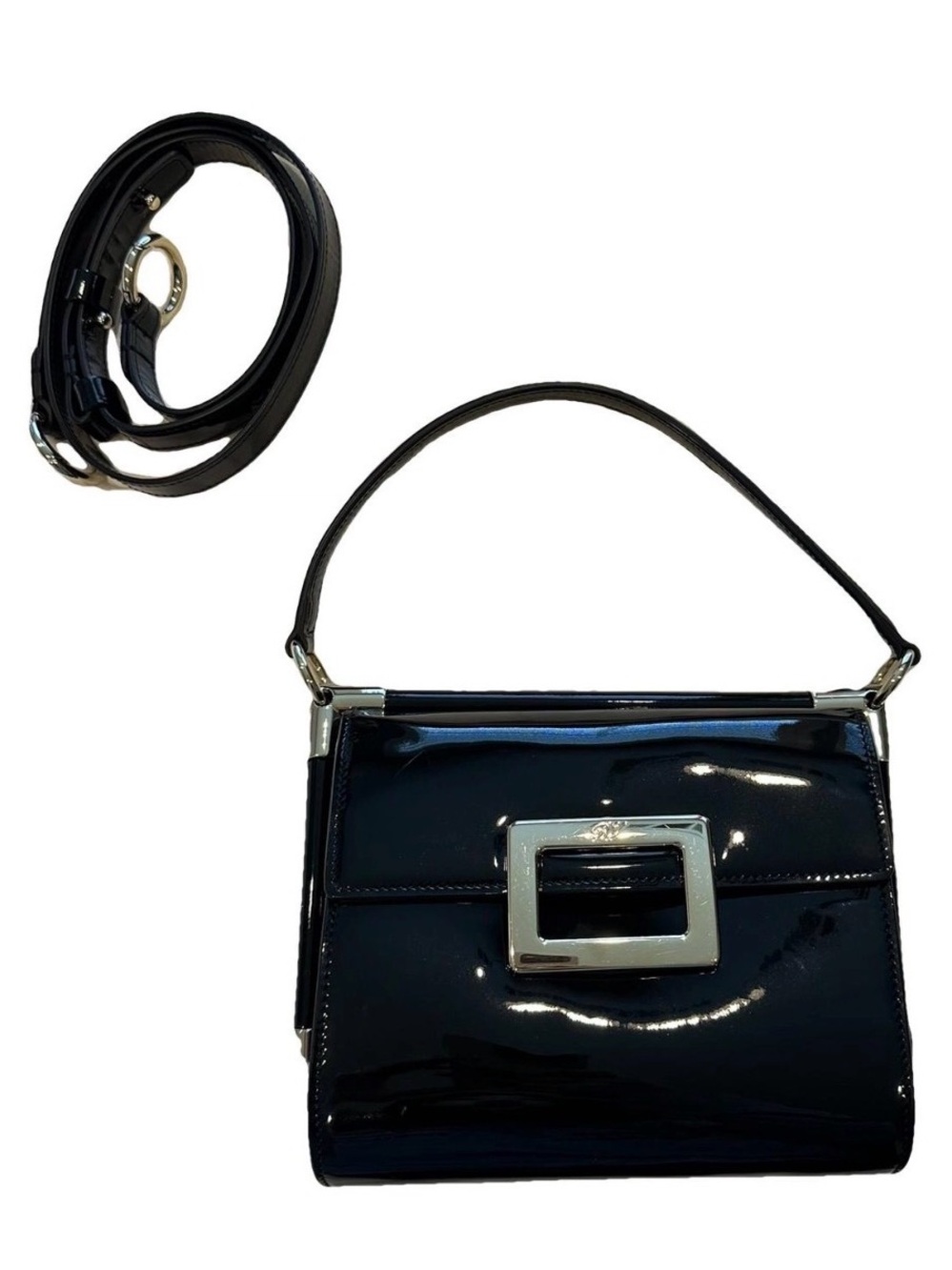 Roger Vivier mini sac viv sellier Black Patent Leather Top-Handle Bag w shoulder